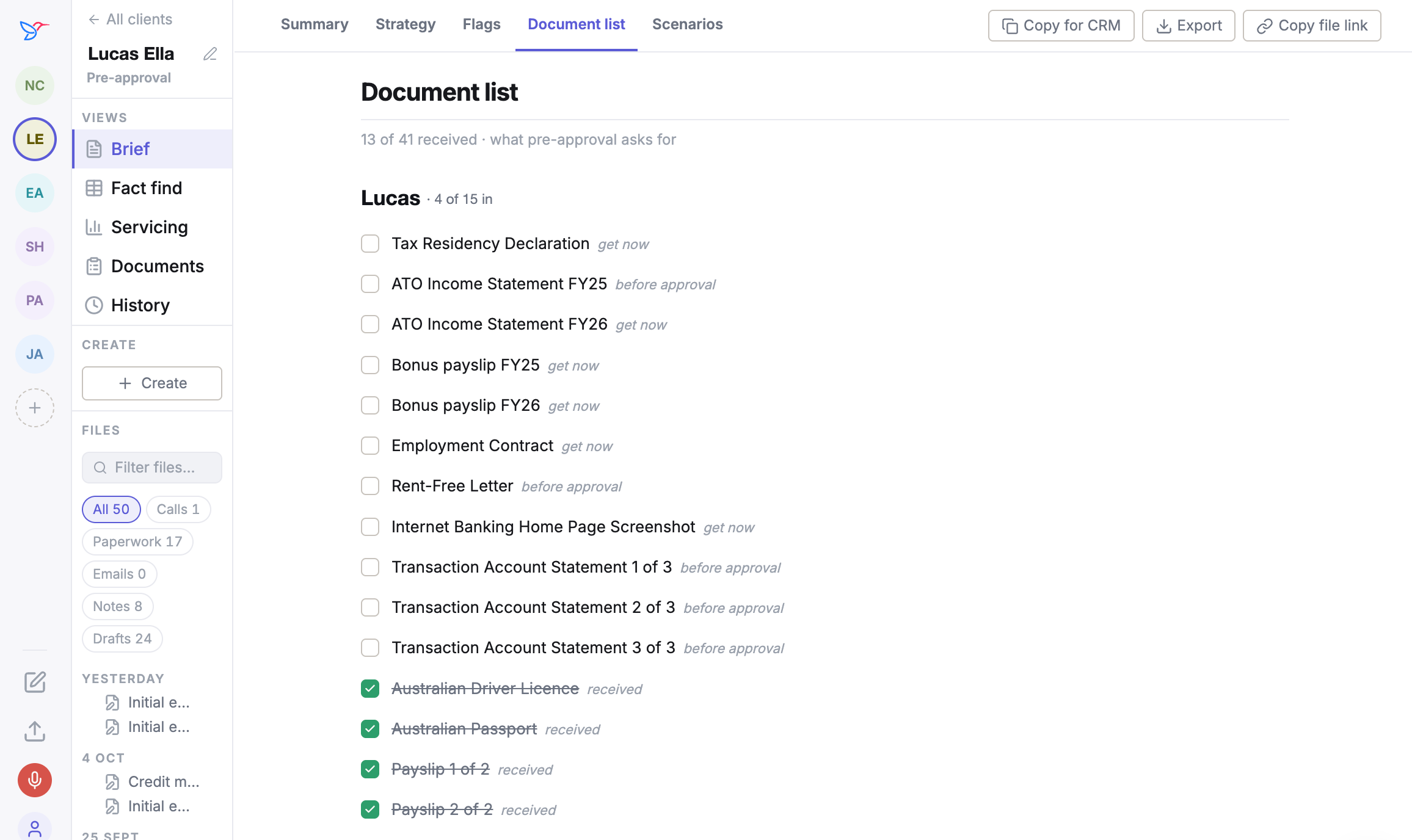 Flic document request list, grouped by applicant with what is already received