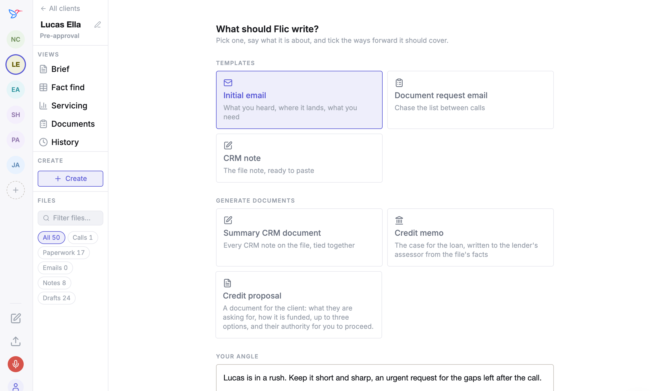 Flic create menu: initial email, document request, CRM note and credit documents